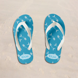 Fish Bones Pattern Blue Kid Flip Flops with Name