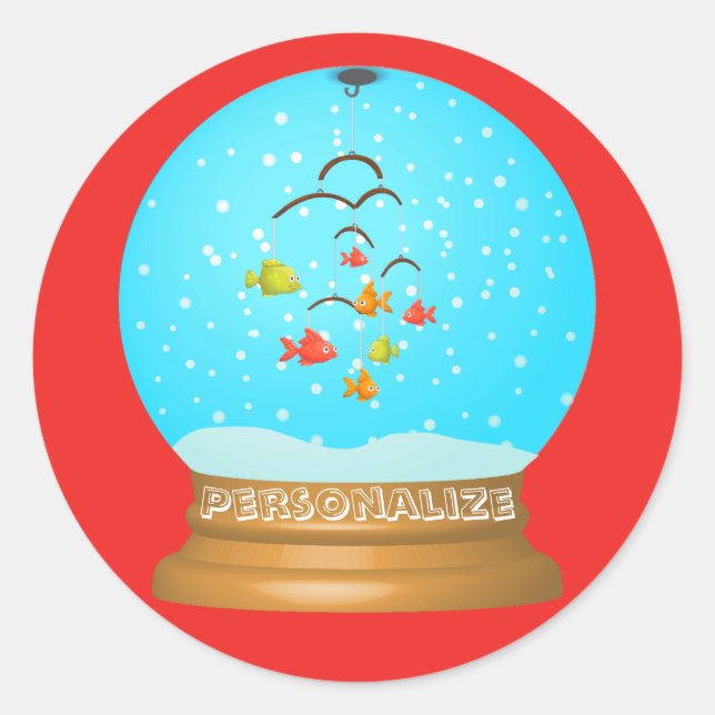 Fish bowl snow globe cute red blue classic round sticker (Front)