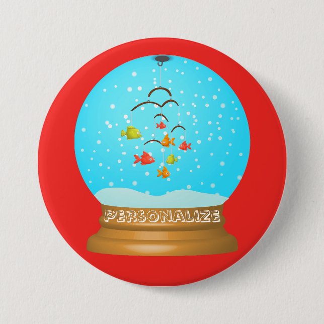 Fish bowl snow globe cute red blue whimsical  button (Front)
