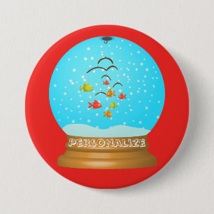 Fish bowl snow globe cute red blue whimsical  button