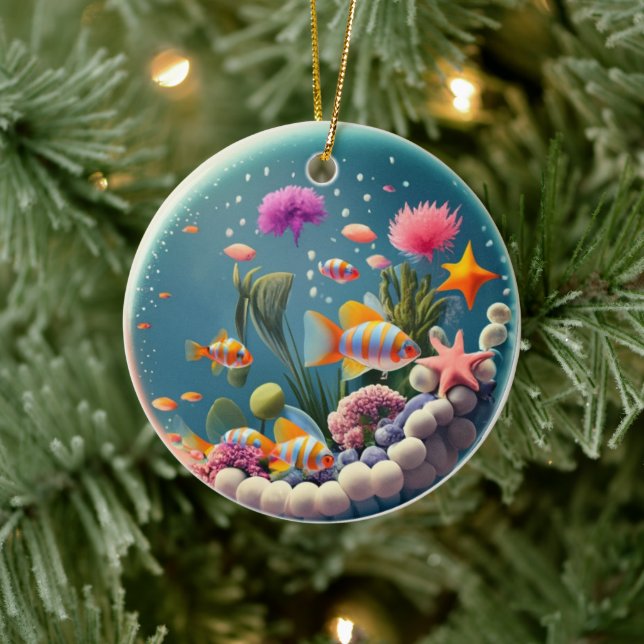 Fish Bowl snow globe Style Christmas Holiday Ceramic Ornament (Tree)