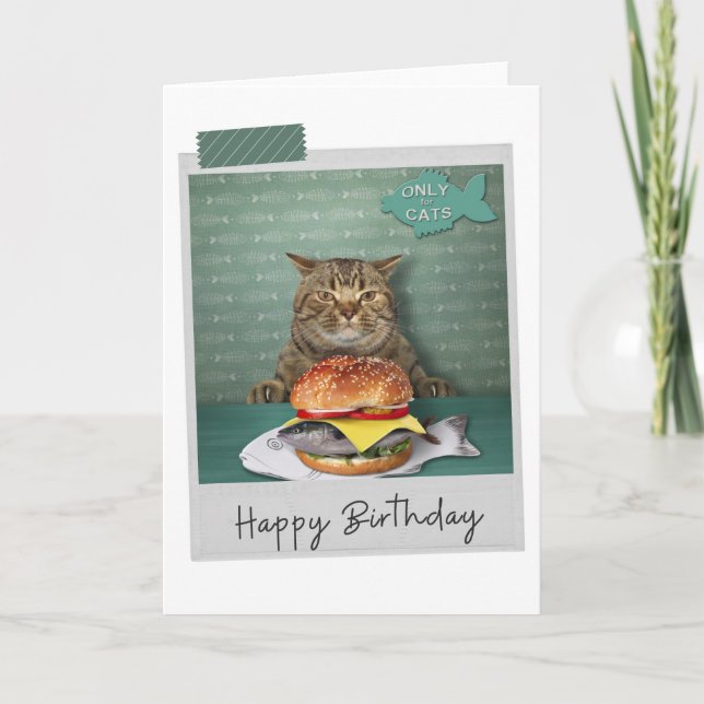 Fish Burger Cat Funny Birthday Card (Front)