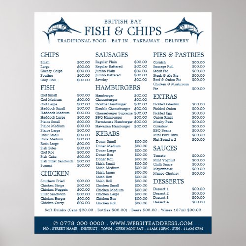 Fish  Chip Shop Restaurant Menu Poster