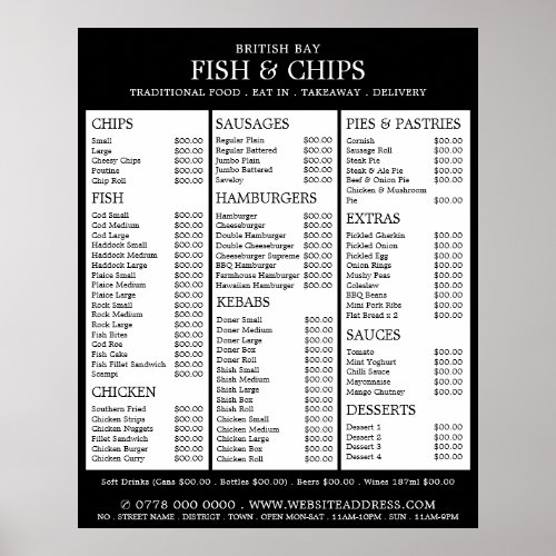 Fish  Chip Shop Restaurant Menu Poster