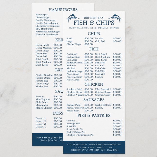 Fish & Chip Shop Restaurant Slimline Menu (Front/Back)
