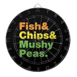 Fish & Chips & Mushy Peas. Dartboard With Darts