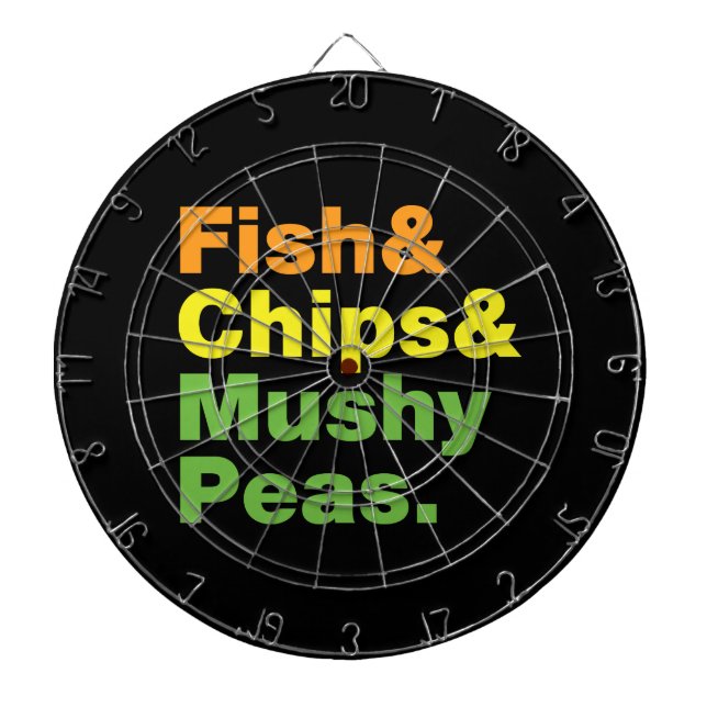Fish & Chips & Mushy Peas. Dartboard With Darts (Front)