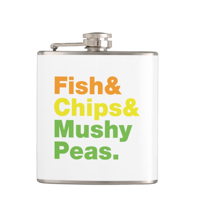 Fish & Chips & Mushy Peas. Hip Flask (Front)