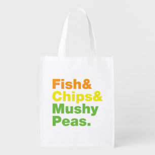 Fish & Chips & Mushy Peas. Reusable Grocery Bag