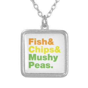 Fish & Chips & Mushy Peas. Silver Plated Necklace