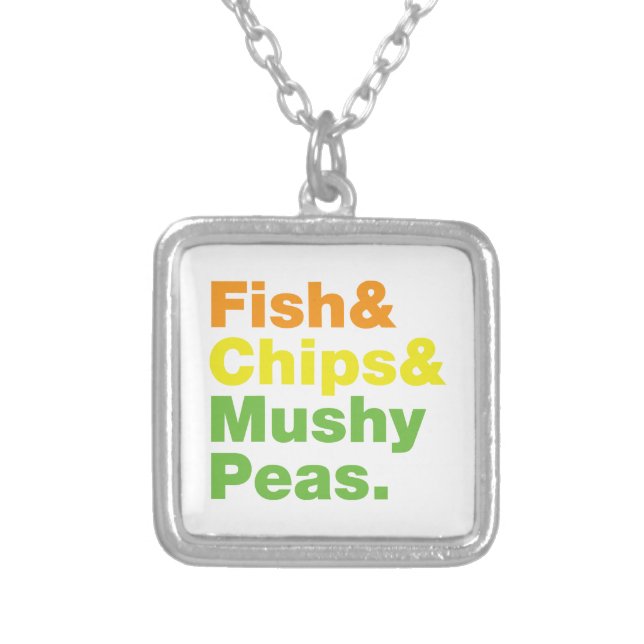 Fish & Chips & Mushy Peas. Silver Plated Necklace (Front)