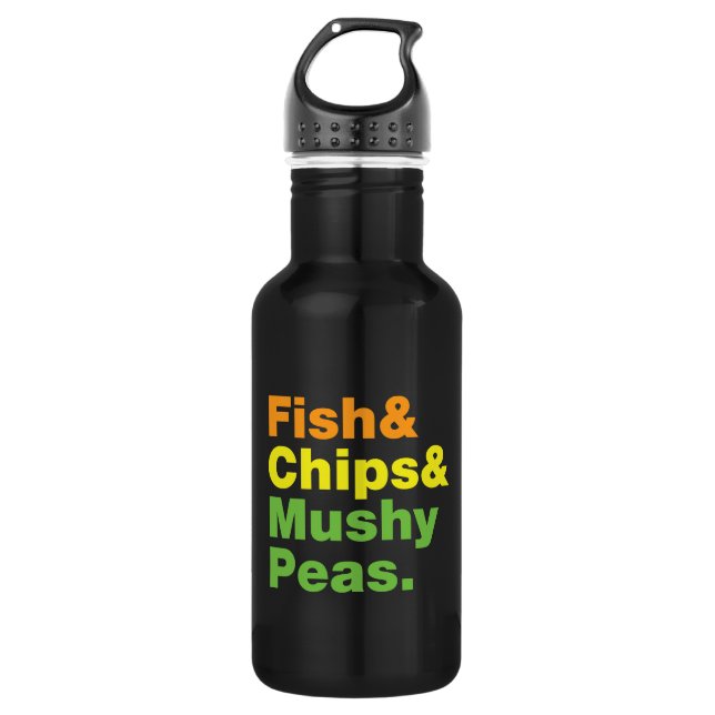Fish & Chips & Mushy Peas. Stainless Steel Water Bottle (Front)