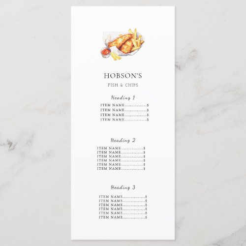 Fish  Chips resturant price list Menu Card White