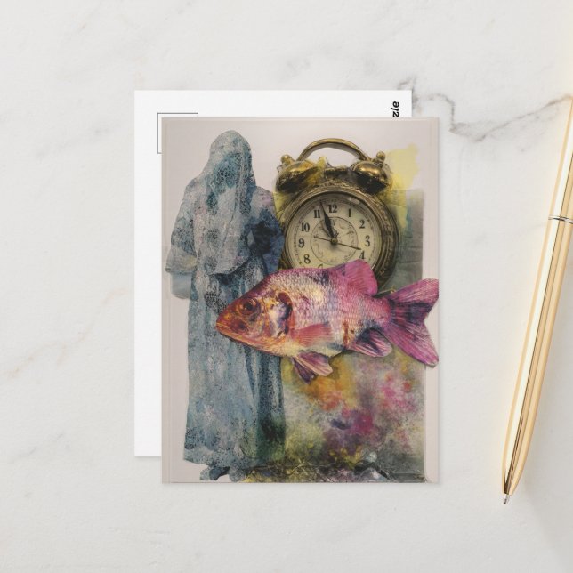 Fish Clock Person Collage Postcard (Front/Back In Situ)