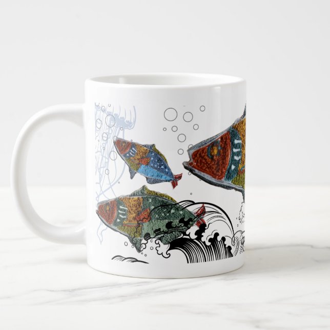 fish design mug/needle punch design/elements giant coffee mug (Left)