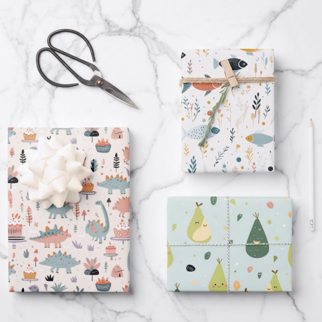 Fish, Dinos & Avo Wrapping Paper Sheets (Front)