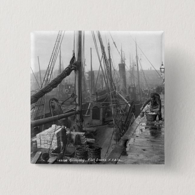 Fish docks, Grimsby, early 20th century Button (Front)