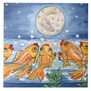 Fish Family & Moon Blue 6" Tile Trivet
