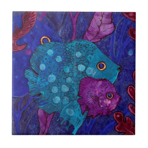 Fish Family Mother  Baby Blue Purple Underwater Ceramic Tile