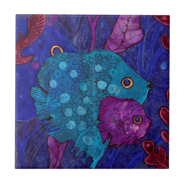 Fish Family, Mother & Baby Blue Purple Underwater Ceramic Tile (Front)