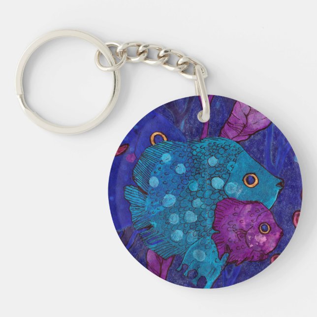 Fish Family, Underwater, Blue & Purple Keychain (Front)