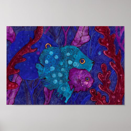 Fish Family Underwater Blue  Purple Poster