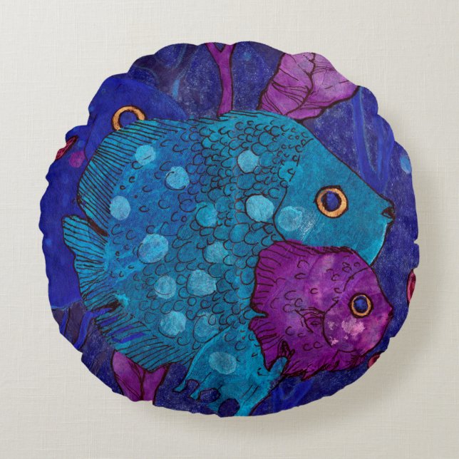 Fish Family, Underwater, Blue & Purple Round Pillow (Front)
