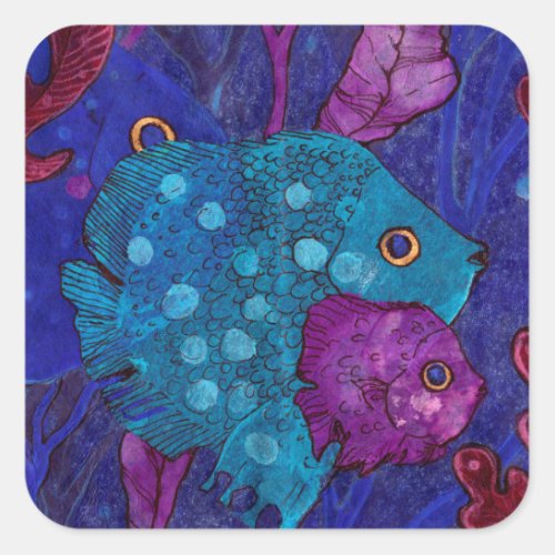 Fish Family Underwater Blue  Purple Square Sticker