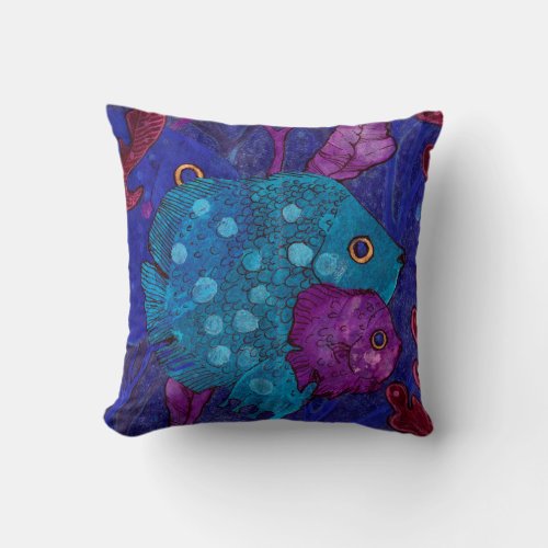 Fish Family, Underwater, Blue & Purple Throw Pillow