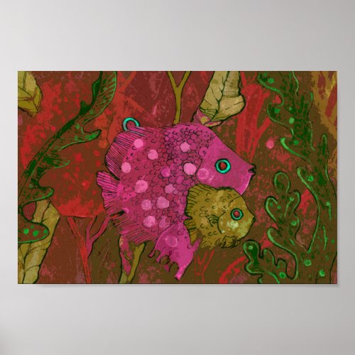 Fish Family Underwater Ocean Animal Art Pink Green Poster