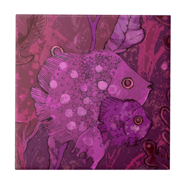 Fish Family Underwater Ocean Nautical Animals Pink Ceramic Tile (Front)