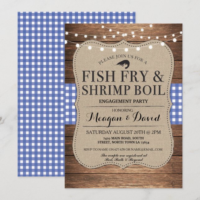 Fish Fry Engagement Blue Shower Shrimp Boil Invitation (Front/Back)