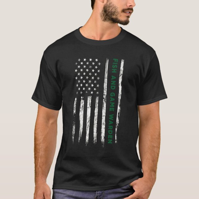 Fish Game Warden American Flag Wildlife Protector T-Shirt (Front)