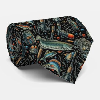 Fish Gear Pattern Fisherman Black  Neck Tie