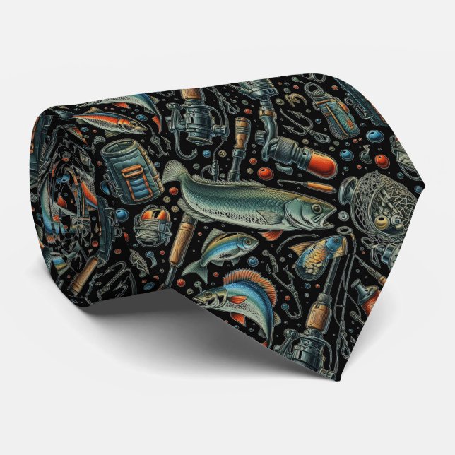 Fish Gear Pattern Fisherman Black  Neck Tie (Rolled)