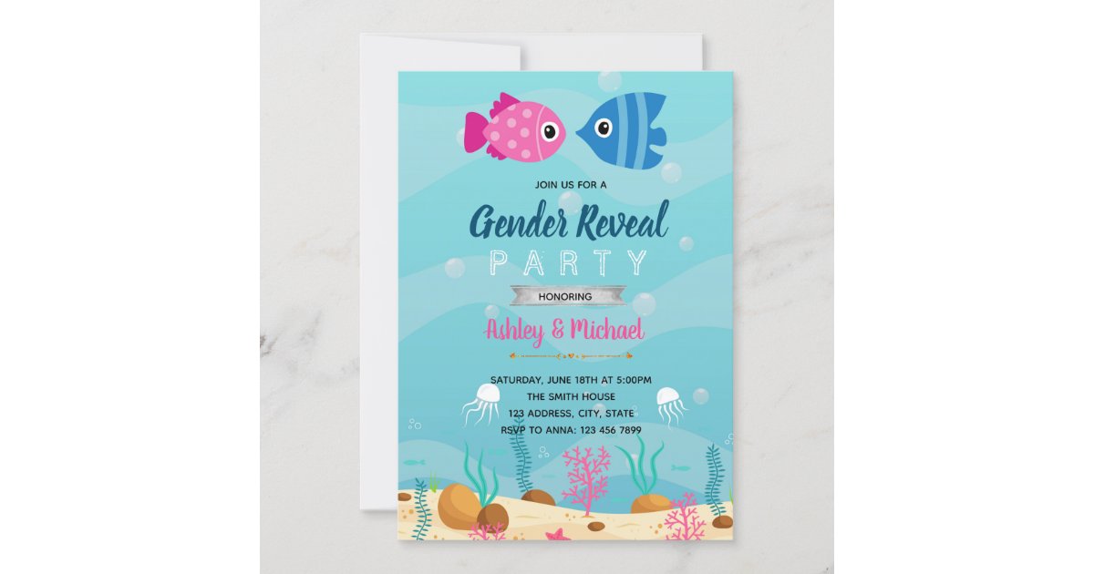 Editable Fish Gender Reveal Invitation Invite Digital 5x7 Pink