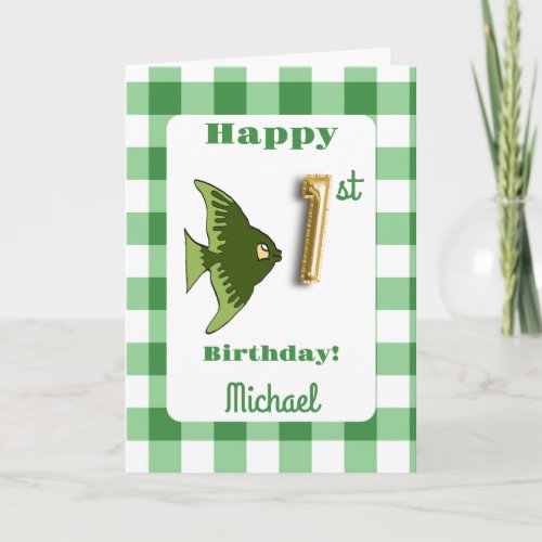 Fish  Green Gingham Balloon Number 1st Birthday Card