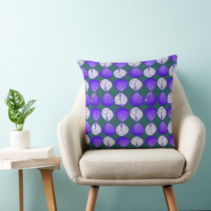 Fish Head Leaves Dark Jade Purple Blue White Throw Pillow