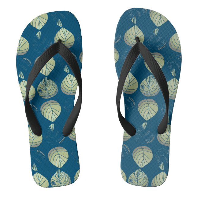 Fish Head Leaves Dusty Green On Teal  Flip Flops (Footbed)