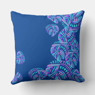 Fish Head Leaves Jazz V Turquoise Blue Lilac 4 Throw Pillow