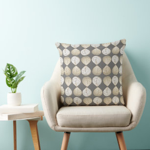 Fish Head Leaves Old Gold White Grey Throw Pillow