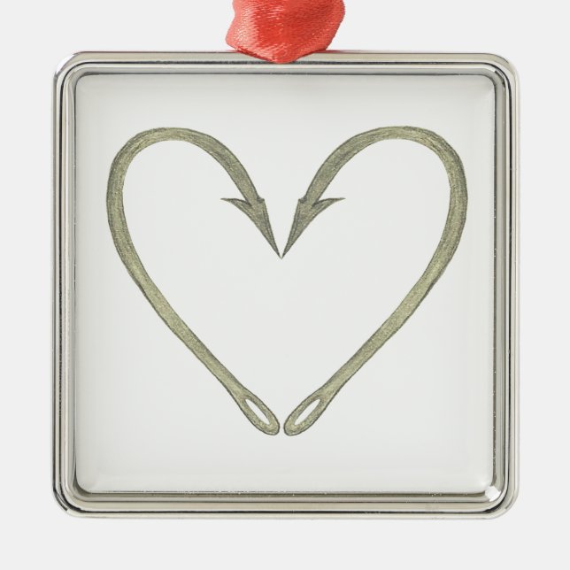 Fish Hook Heart Metal Ornament (Front)