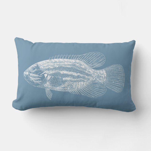 Fish Illustration Medium Blue and White Lumbar Pillow (Front)