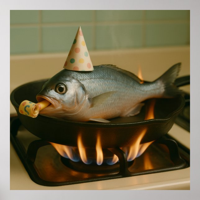Fish In A Skillet With A Party Hat On Poster (Front)
