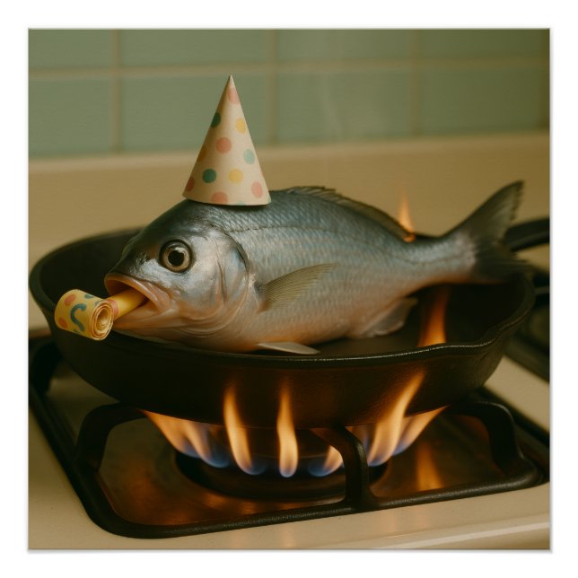 Fish In A Skillet With A Party Hat On Poster (Front)