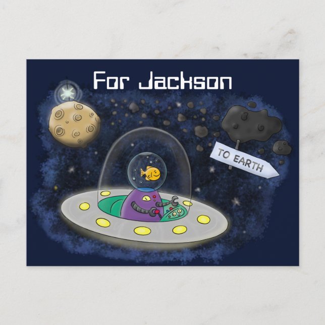 Fish in alien space ship cartoon illustration postcard (Front)