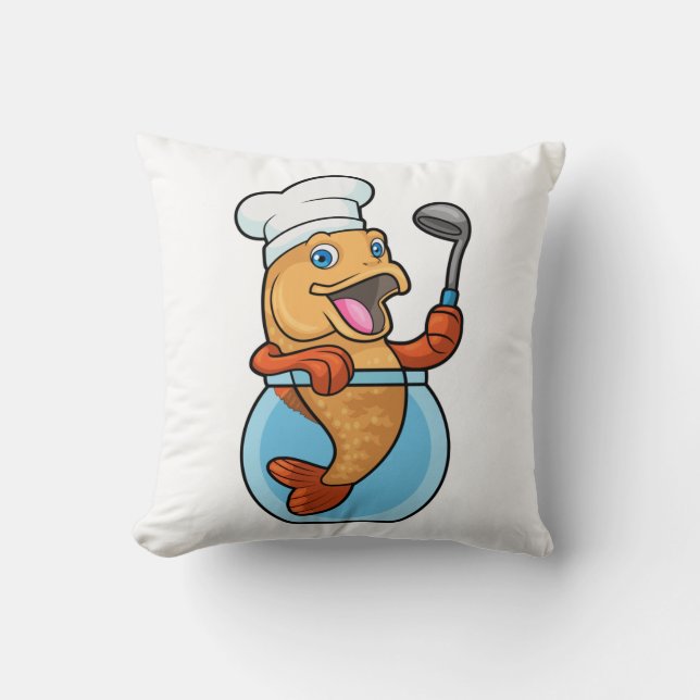 Fish in Glass as Cook with Soup spoon Throw Pillow (Front)
