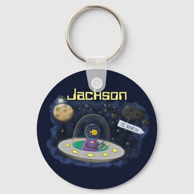 Fish in UFO alien space ship cartoon illustration Keychain (Front)