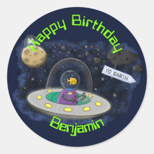 Fish in UFO space ship cartoon illustration Classic Round Sticker