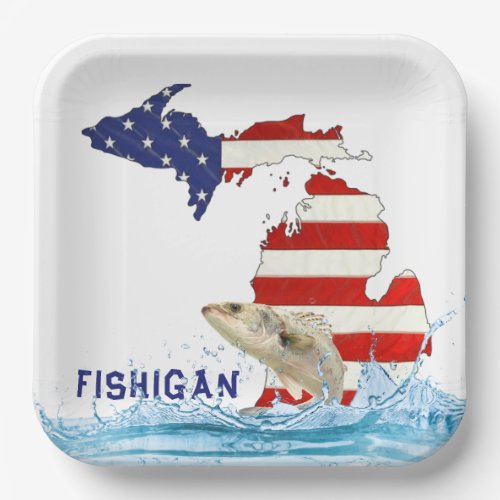 Fish In Water with Flag Michigan Paper Plates